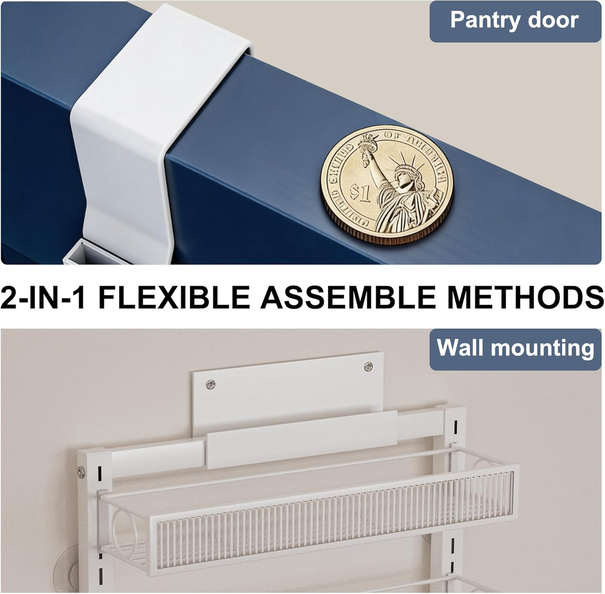 Over the Door Pantry Organizer 8 Tier Hanging Door or Wall Mounted Spice Rack with Adjustable Acylic Basket,Heavy Duty Metal Seasoning Storage Shelf for Kitchen Pantry and Bathroom