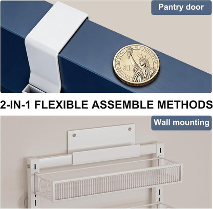 Over the Door Pantry Organizer 8 Tier Hanging Door or Wall Mounted Spice Rack with Adjustable Acylic Basket,Heavy Duty Metal Seasoning Storage Shelf for Kitchen Pantry and Bathroom
