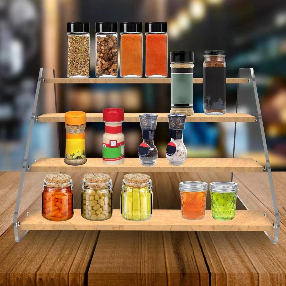 VAEHOLD Spice Rack Organizer for Cabinet & Countertop - Seasoning Organizer Spice Shelf - Space Saving Wooden Display Risers Shelf Showcase Fixtures Jewelry (5 Tier)