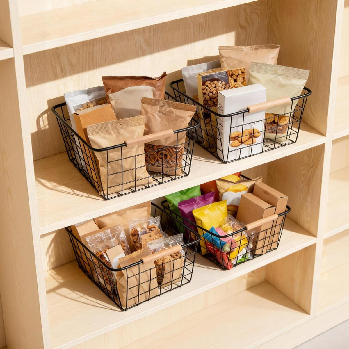 Black Wire Storage Baskets with Wooden Handles - Organizing Pantry and Kitchen Cabinets - Metal Wire Food Storage Basket