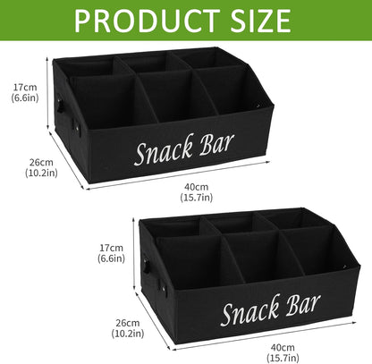 Snack Organizer for Countertop, Trapezoid Fabric Snack Bin Holder with Side Handles, 6 Compartment Snack Basket Container, Lightweight Snack Bar Station Organizer, Kitchen Pantry Storage-Black