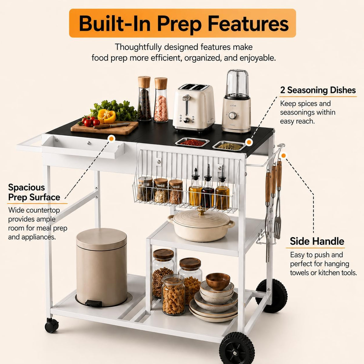 SUNLEI Rolling Cart Kitchen Storage Organizer with Spice Basket, Kitchen Island on Wheels with Paper Towel Holder, Lockable Wheels & Bottle Opener, Trash Bag Holder for Kitchen(Black)
