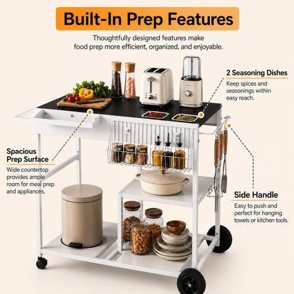SUNLEI Rolling Cart Kitchen Storage Organizer with Spice Basket, Kitchen Island on Wheels with Paper Towel Holder, Lockable Wheels & Bottle Opener, Trash Bag Holder for Kitchen(Black)