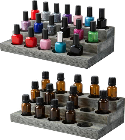 MyGift Vintage Gray Wood 3-Tier Essential Oil Display Stands, Countertop Organizer Rack for 17 Bottles Each