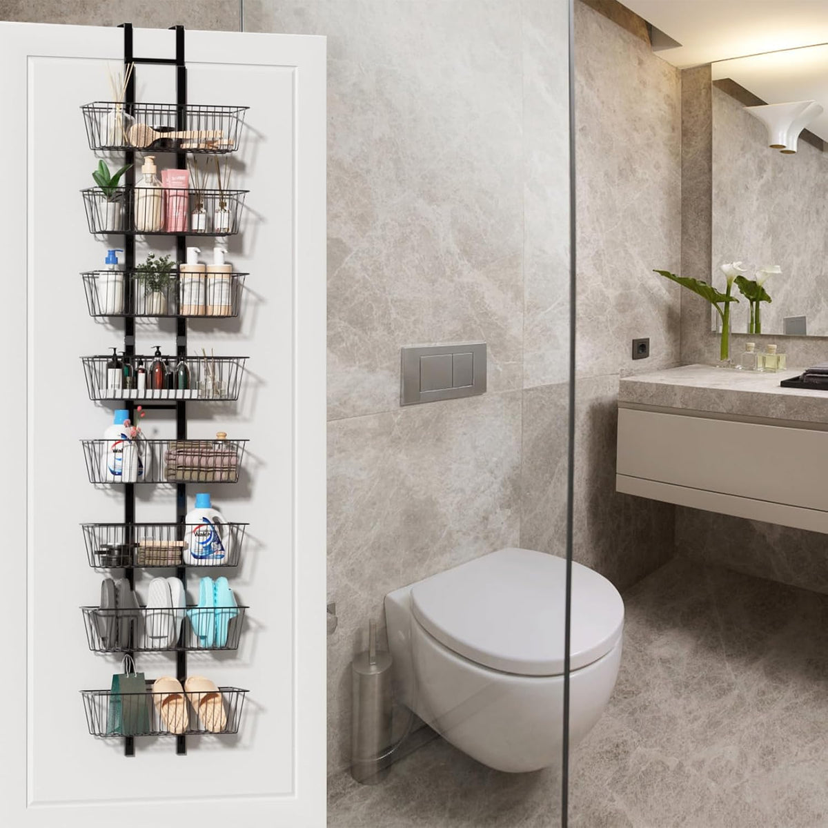 10 Tier Over the Door Pantry Organizer, Over the Door Spice Rack with Adjustable Baskets, Metal Hanging Door Pantry Organizers and Storage for Kitchen Bathroom Bedroom, White