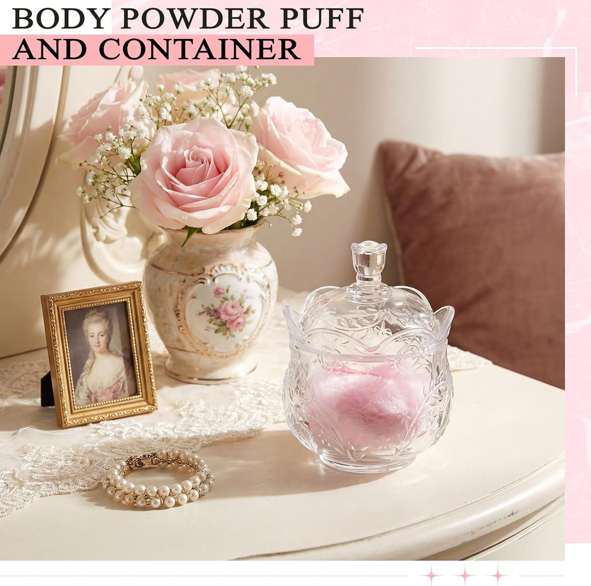 Tioncy 3 Pcs Large Body Powder Puff and Container Valentine's Day gift Powder Container with Puff Crystal Case Soft Washable Reusable Velour Face Body Glitter Wet Dry Makeup (Classic,Clear)