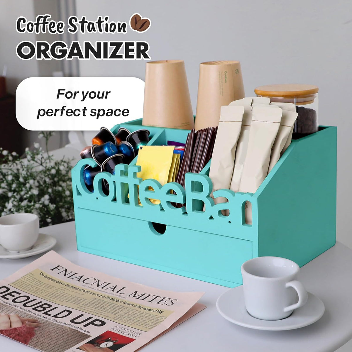 Coffee Bar Organizer for Countertop – Wooden Coffee Caddy with Compartments for Pods, Sugar Packets, and Accessories – Coffee Condiment Station Storage for Home and Office (Black)