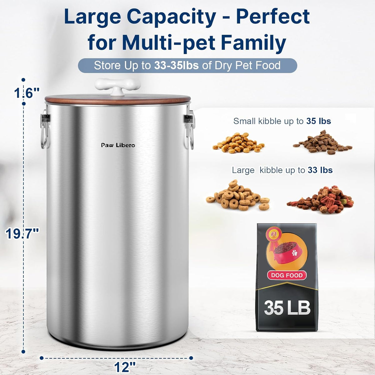 Paw Libero 35 Lbs Stainless Steel Dog Food Storage Container with Airtight Wooden Lid & Ceramic Bone Handle, Large Metal Dog Food Bin, Pet Treat Jars for Dogs & Cats, Keep Fresh, Easy to Clean