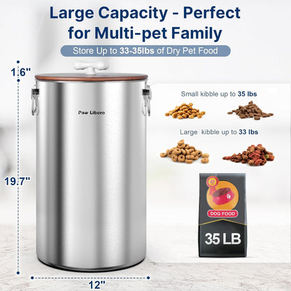 Paw Libero 35 Lbs Stainless Steel Dog Food Storage Container with Airtight Wooden Lid & Ceramic Bone Handle, Large Metal Dog Food Bin, Pet Treat Jars for Dogs & Cats, Keep Fresh, Easy to Clean