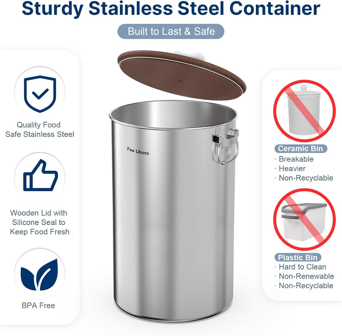 Paw Libero 35 Lbs Stainless Steel Dog Food Storage Container with Airtight Wooden Lid & Ceramic Bone Handle, Large Metal Dog Food Bin, Pet Treat Jars for Dogs & Cats, Keep Fresh, Easy to Clean