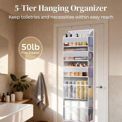 5 Tiers Over the Door Organizer with 10 Mesh Side Pockets, 44 lbs Weight Capacity Closet Hanging Storage Organizer with Large Clear Window Kids Toys, Shoes, Diapers, Beige