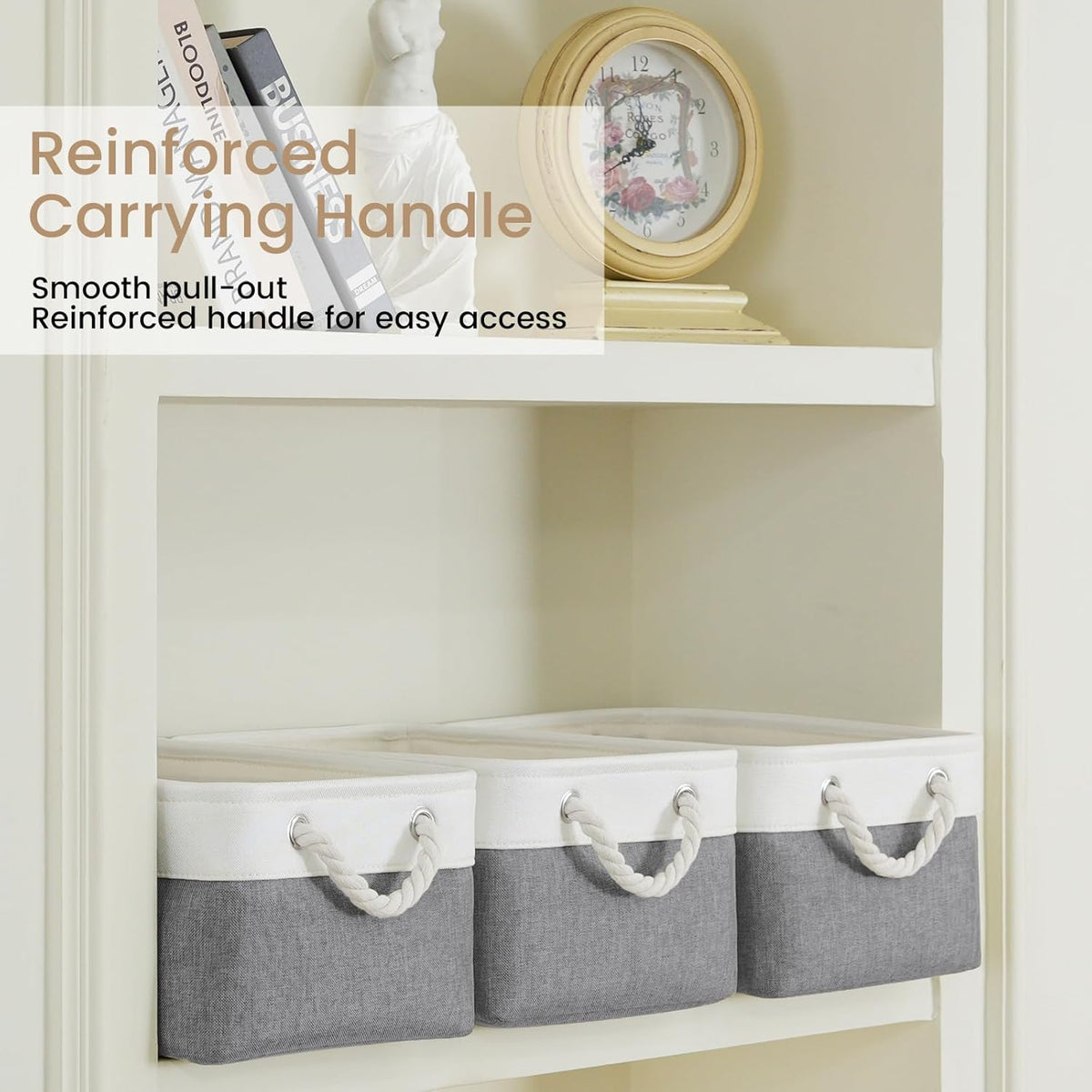 Large Storage Baskets- 15.7x11.8x8.26 inch Storage Bins for Shelves and Closet Organizing, Foldable Fabric Bin for Home Organization Clothes and Laundry (3-Pack, White&Khaki)
