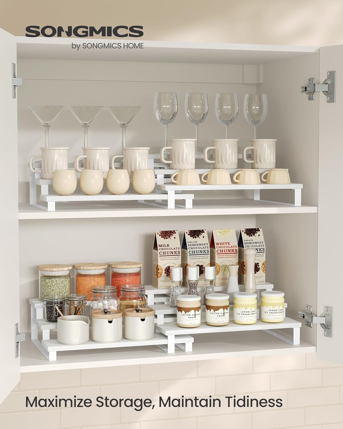 SONGMICS Display Risers, Set of 2 Engineered Wood Perfume Organizer Stand, 4-Tier Cupcake Stand Holder, Spice Rack, Shelf Risers for Figures, Dessert Shelves, Natural Beige and Cloud White UKCS216N02
