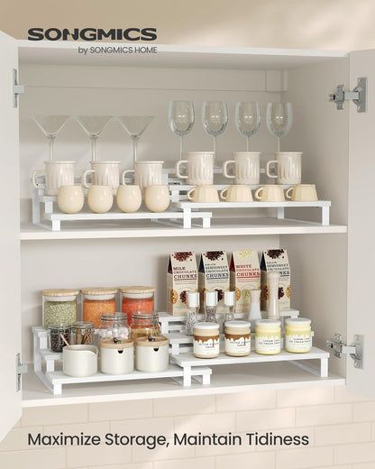 SONGMICS Display Risers, Set of 2 Engineered Wood Perfume Organizer Stand, 4-Tier Cupcake Stand Holder, Spice Rack, Shelf Risers for Figures, Dessert Shelves, Natural Beige and Cloud White UKCS216N02