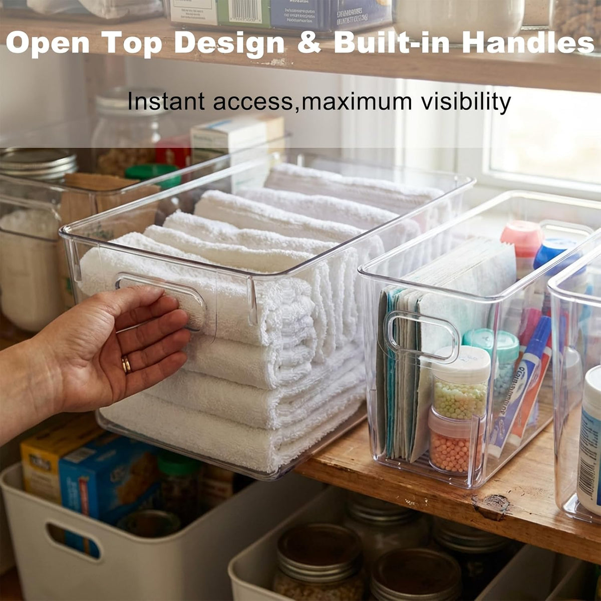 MOONEDGE Set of 4 Clear Plastic Organizer Bins, 2 Large & 2 Small Storage Bins for Pantry, Nestable Space-Saving Containers for Cabinets, Under-Sink, Bathroom, Kitchen & Freezer Organization