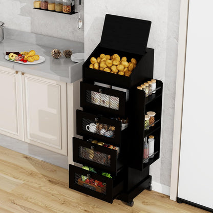 ARTETHYS Potato and Onion Storage Bin for Pantry 5-Tier Rolling Fruit and Vegetable Organizer with Spice Rack on Wheels Movable Large Bread Box Cabinet with 4 Ventilated Drawers for Kitchen, Rustic