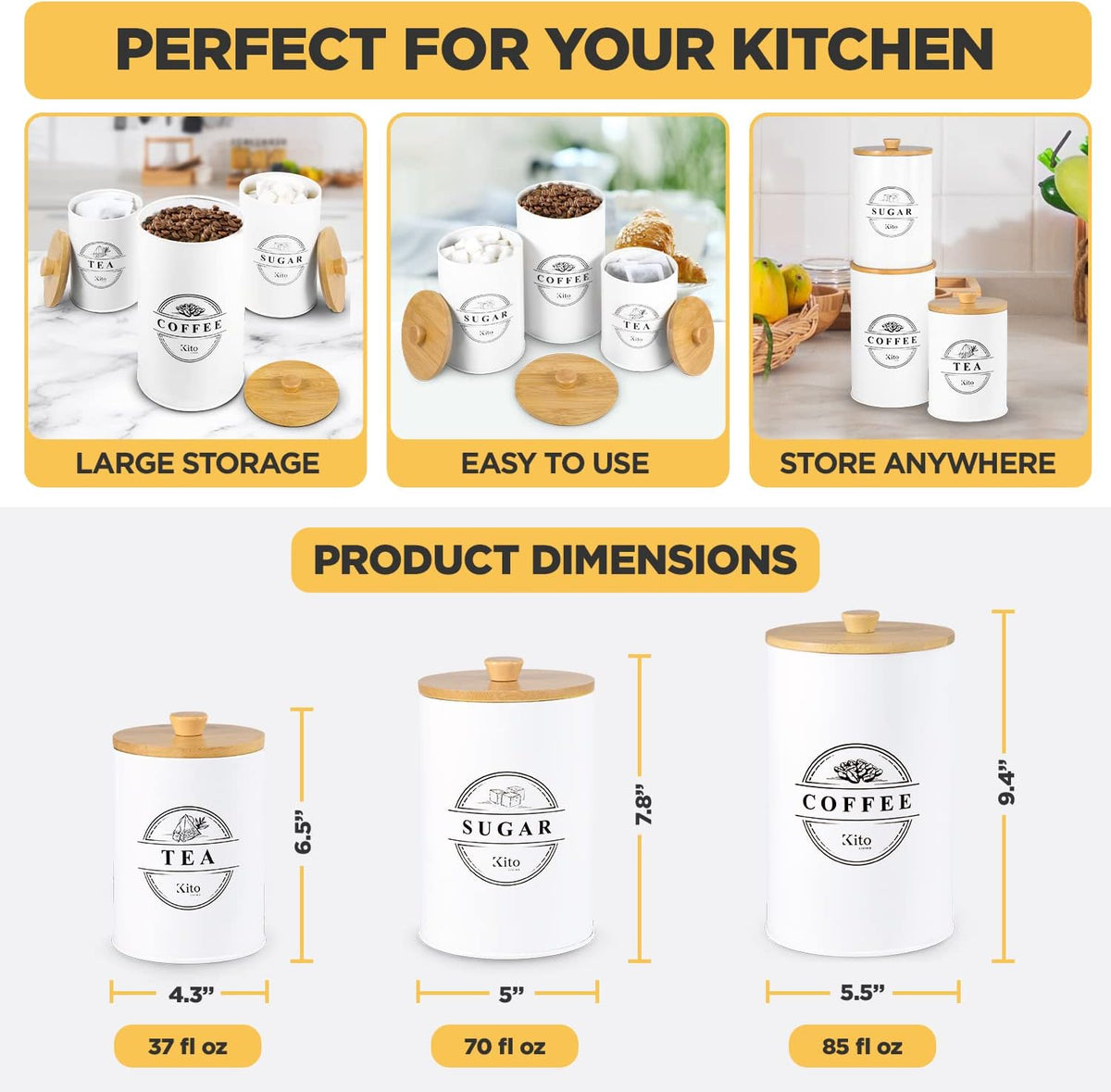 Kito LIVING Canister Sets for Kitchen Counter with Wooden Bamboo Lids, Kitchen Canisters for Countertop, Stackable Steel Farmhouse Canisters for Potato Storage, Onion and Potato Storage Bins - Cream