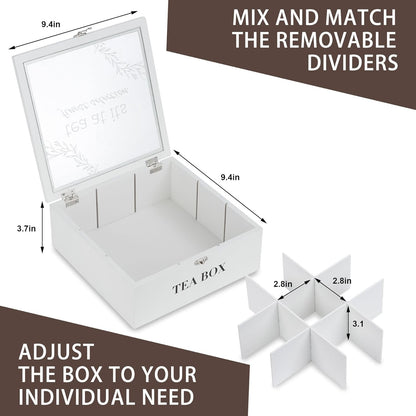 Tea Box Organizer,Wood Tea Bag Holder Organizer,Modern Teas Bag Storage with 9 Compartments and Glass Cover for Home Office Gift