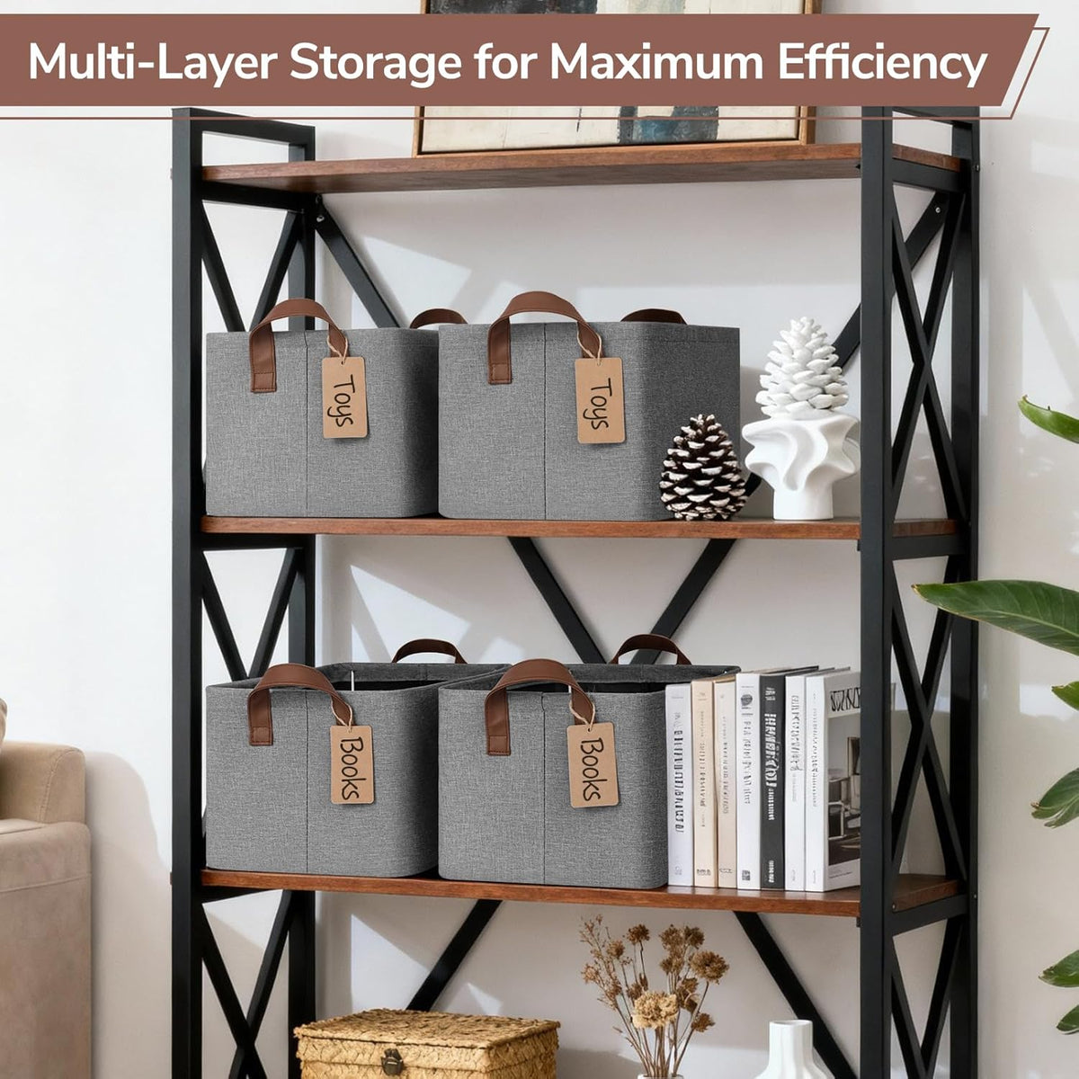 CHICVITA 4 Pack Large Storage Baskets for Shelves, Collapsible Closet Organizer Bins with Metal Frame, Fabric Storage Bins for Clothes Towels Organization, 16.8" x 11" x 9.8", Beige