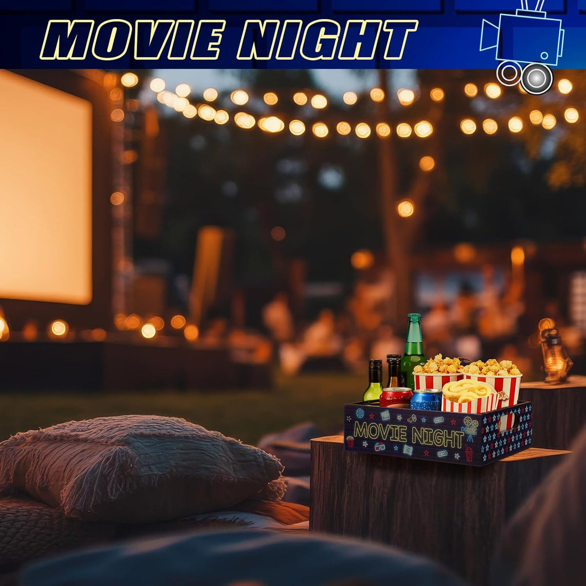 Movie Night Supplies Snack Trays with Handles Reusable Wooden Movie Gift Basket for Theater Popcorn Bucket Bowl Box Container Family Room Decor(Classic Style)