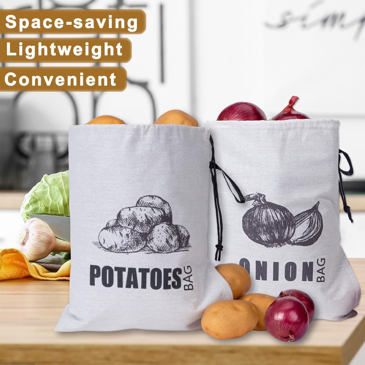 TOGETRUE Potato Onion Storage Bag, Fabric Onion and Potatoes Storage Bag, Washable Garlic Potatoes Onions Keeper with Drawstring for Pantry, 2 Pack (Potato Onion Bag)