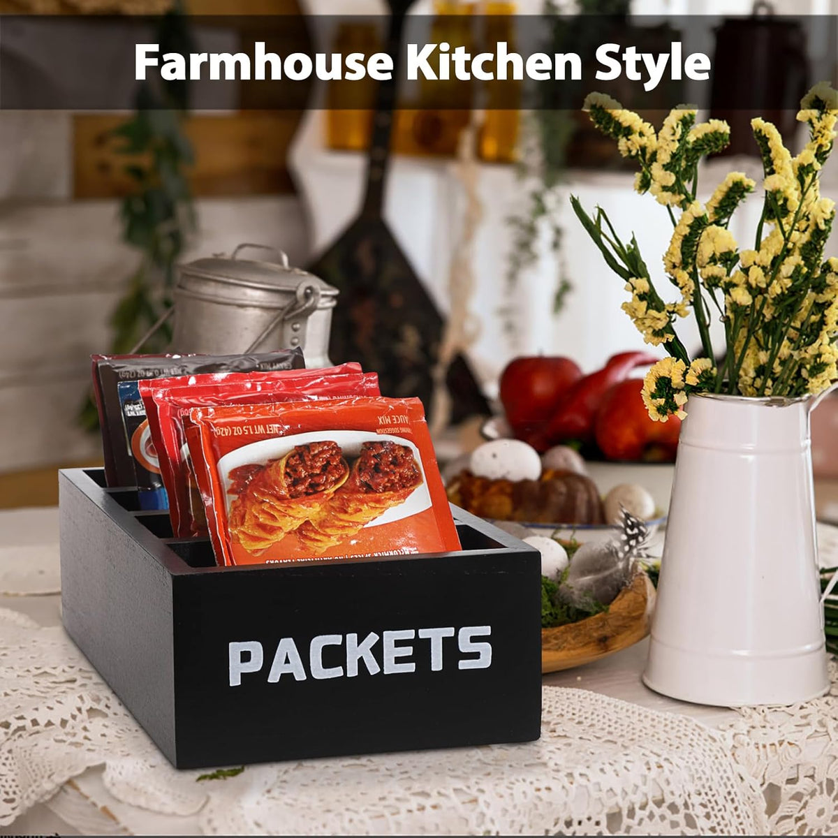 BSTKEY Seasoning Packet Organizer, Food Packet Storage Organizer with 4 Compartments, Wooden Storage Caddy for Kitchen Pantry Cabinet, Farmhouse Kitchen Organization Bin for Snacks Spice Packets