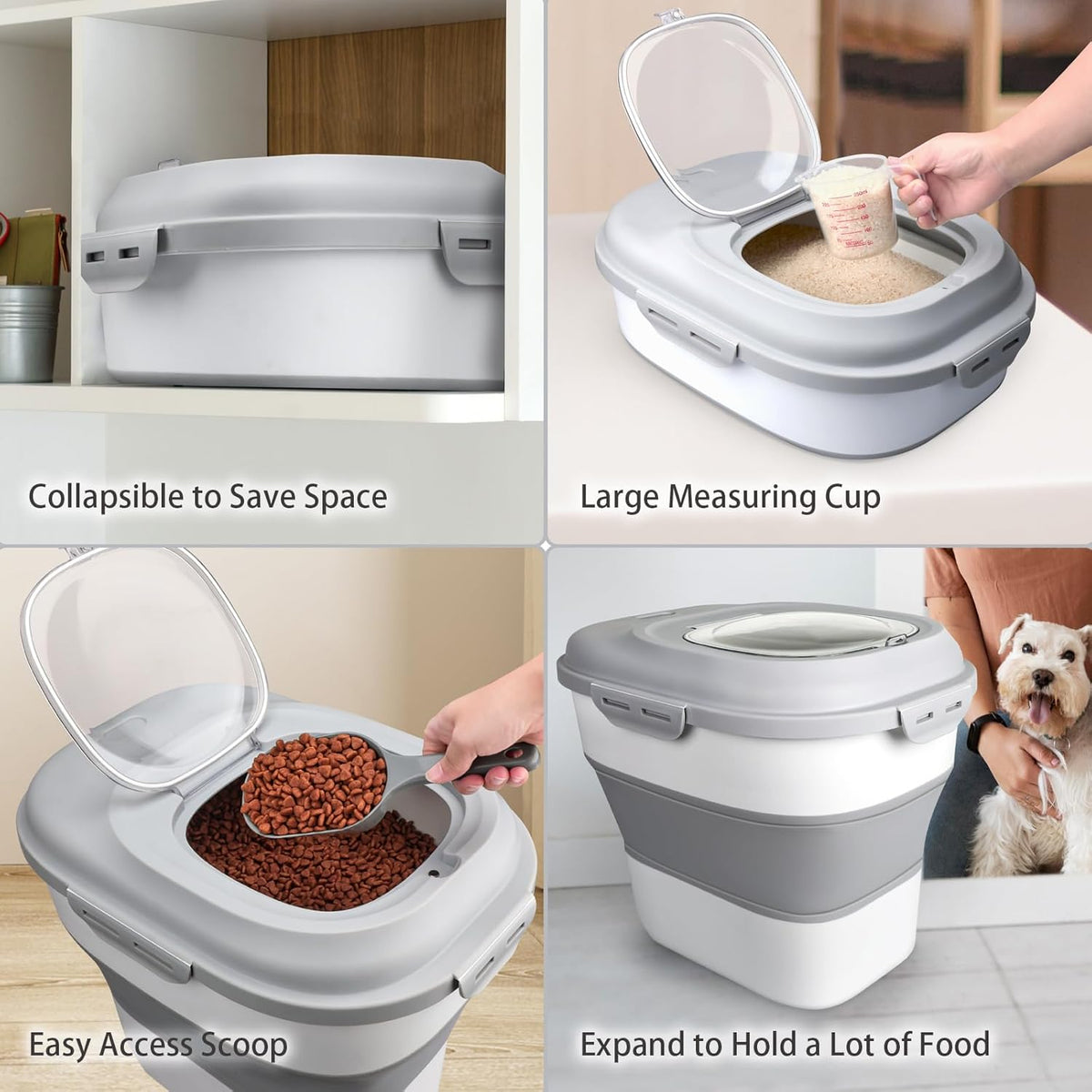 Komzon Rice Storage Bin Cereal Containers, 13-50lb Collapsible Rice Container Dispenser with Transparent Lid, Rolling Wheels, Measuring Cup and Scoop, Airtight Dog Cat Pet Food Storage Container Pink