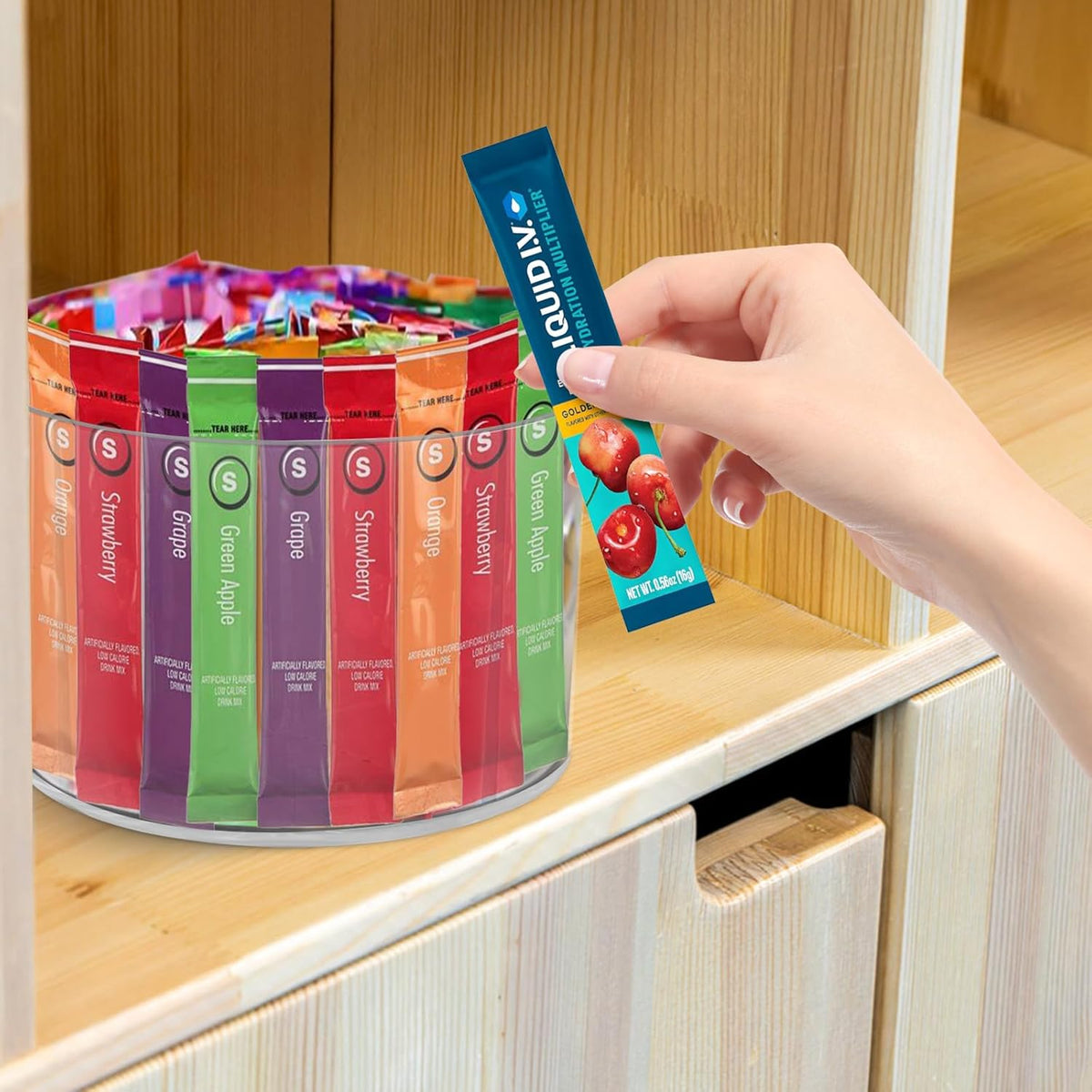 Drink Packet Organizer For Powdered Drink Mix,Powder Packet,Water Packet,Water Flavor Packet,Lazy Susan Organizer Rotating Holder for Drink Mix Necessities（Square）