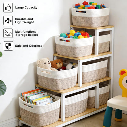 3 Pack Woven Rope Storage Baskets for Shelves,13.5"×11"×9.5" Storage Bins with Handles,Empty Gift Baskets,Nursery Organizer for Toys,Towels,Books,Closet,Living Room,Bedroom (White & Brown)