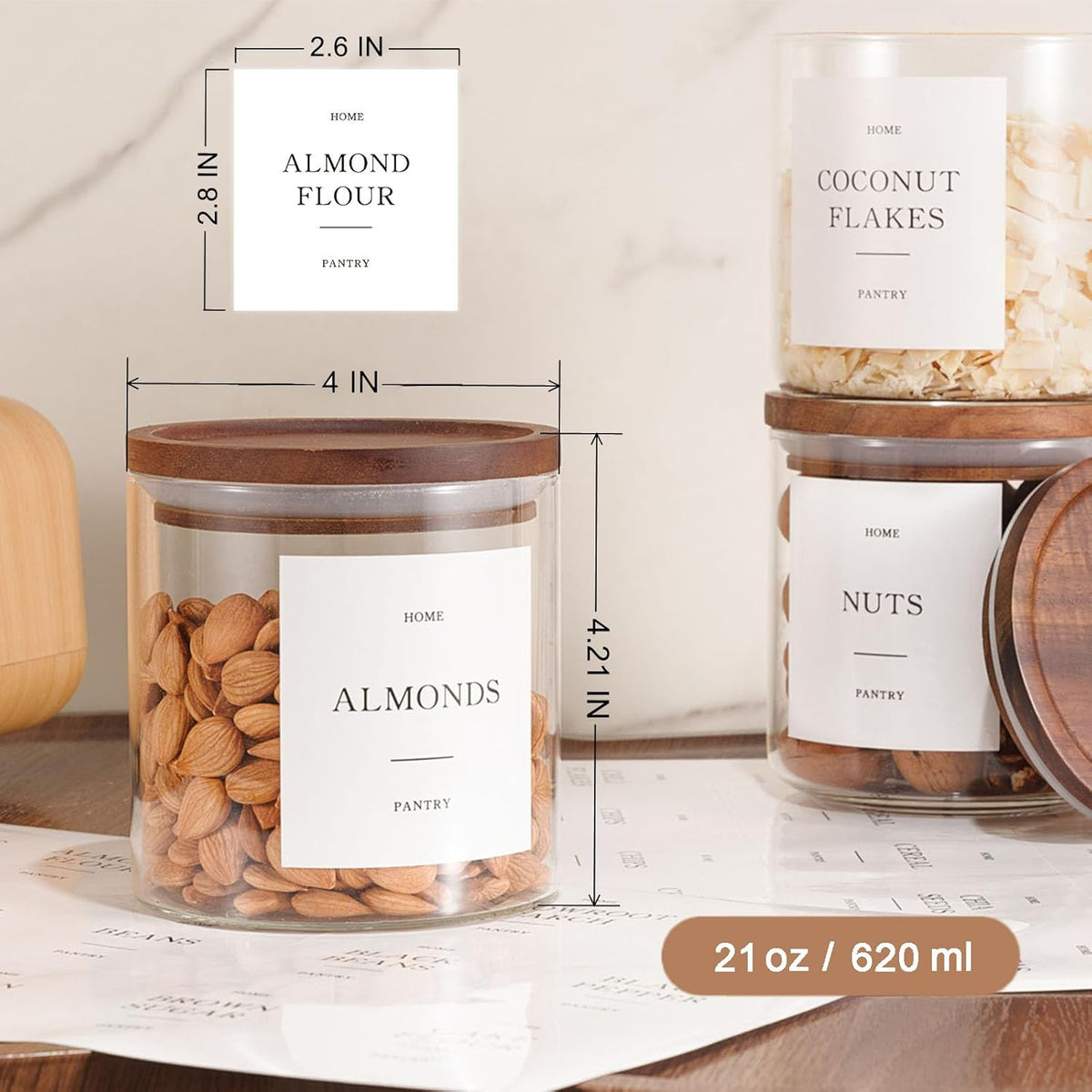 Glass Rice Containers with Acacia Wood Lids, 70oz Airtight Flour and Sugar Jars with 105 Labels, Large Glass Pantry Storage Jars for Cereal, Protein Powder, Cookies, Dry Food