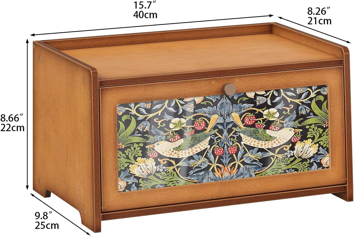Trironsun Bread Box for Kitchen Counter Black Bread Storage Container with Acrylic Door William Morris Flower Bird Design Farmhouse Breadbox Organizer (Black)