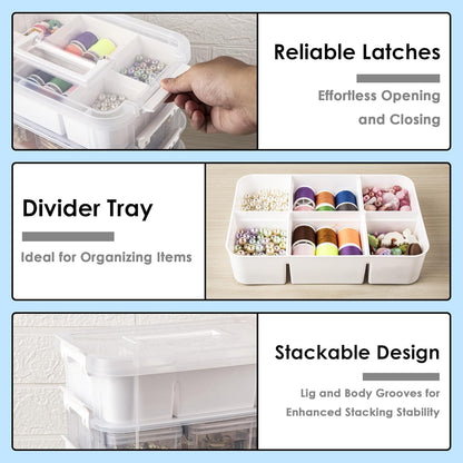 CraftGenes Grey&White Modern Plastic Storage Box - 4-Layer Durable Craft Storage Containers with 2 Removable Trays for Arts & Crafts Supplies, Sewing, Office, Seasonal Decor