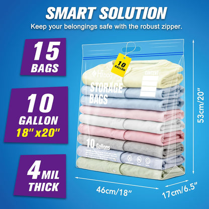 10 Gallon Zipper Storage Bags, 18” x 20” Clear Plastic Bags with Handle, Extra Large XL Zip Bags for Clothes, Pack of 5
