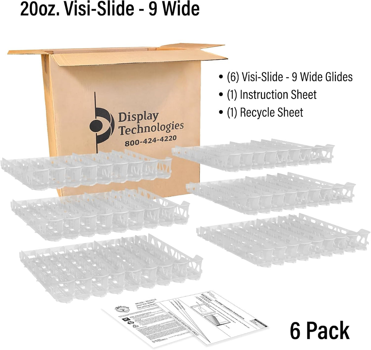 Visi-Slide 20oz Soda Beverage Dispenser - Gravity Fed Glide for Angled Shelves for Coolers, Commercial Refrigerators, Cold Vaults (Pack of 6) Drink Organizer for Cans, Bottles and More