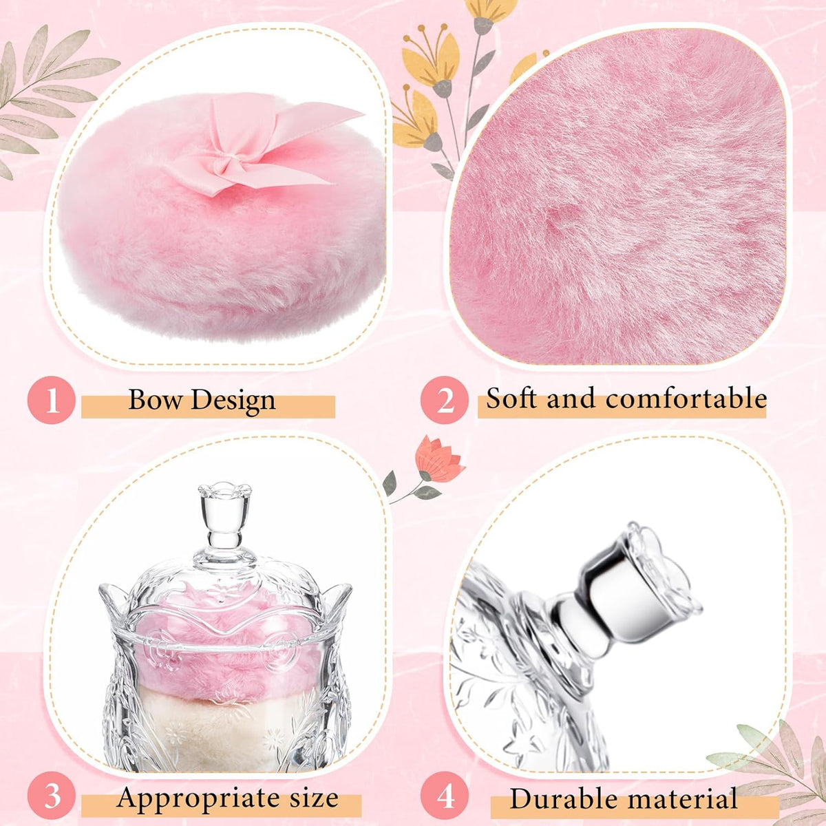 Tioncy 3 Pcs Large Body Powder Puff and Container Valentine's Day gift Powder Container with Puff Crystal Case Soft Washable Reusable Velour Face Body Glitter Wet Dry Makeup (Classic,Clear)