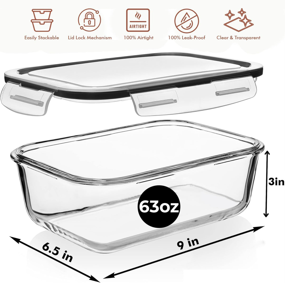 8 Cups/ 63 Oz 4 Piece (2 containers + 2 Lids) Large Glass Food Storage/ Baking Containers with Locking Lids . Ideal for Storing food, vegetables or fruits. BPA Free & Leak Proof -Microwave, Oven Safe