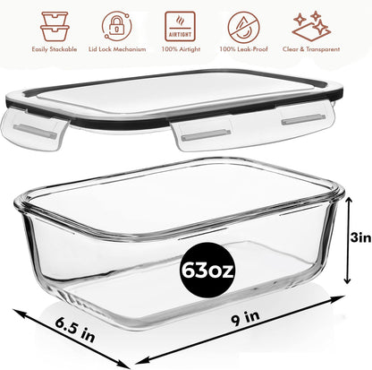 8 Cups/ 63 Oz 4 Piece (2 containers + 2 Lids) Large Glass Food Storage/ Baking Containers with Locking Lids . Ideal for Storing food, vegetables or fruits. BPA Free & Leak Proof -Microwave, Oven Safe