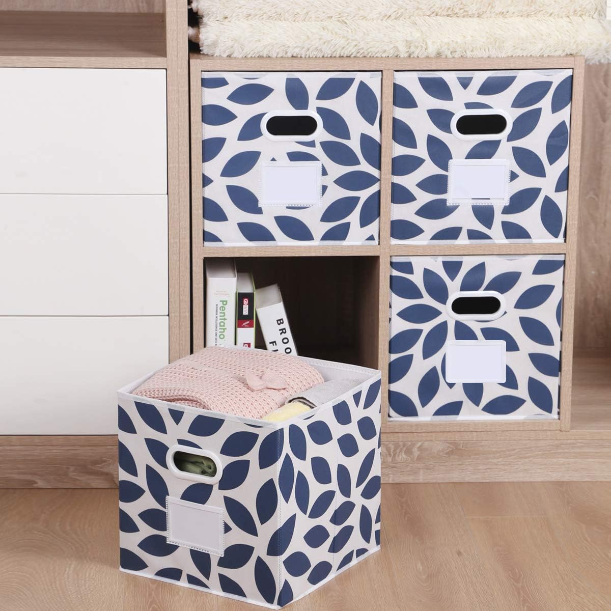 MAX Houser Fabric Storage Bins Cubes Baskets Containers with Dual Plastic Handles for Home Closet Bedroom Drawers Organizers, Flodable, Blue, Set of 4