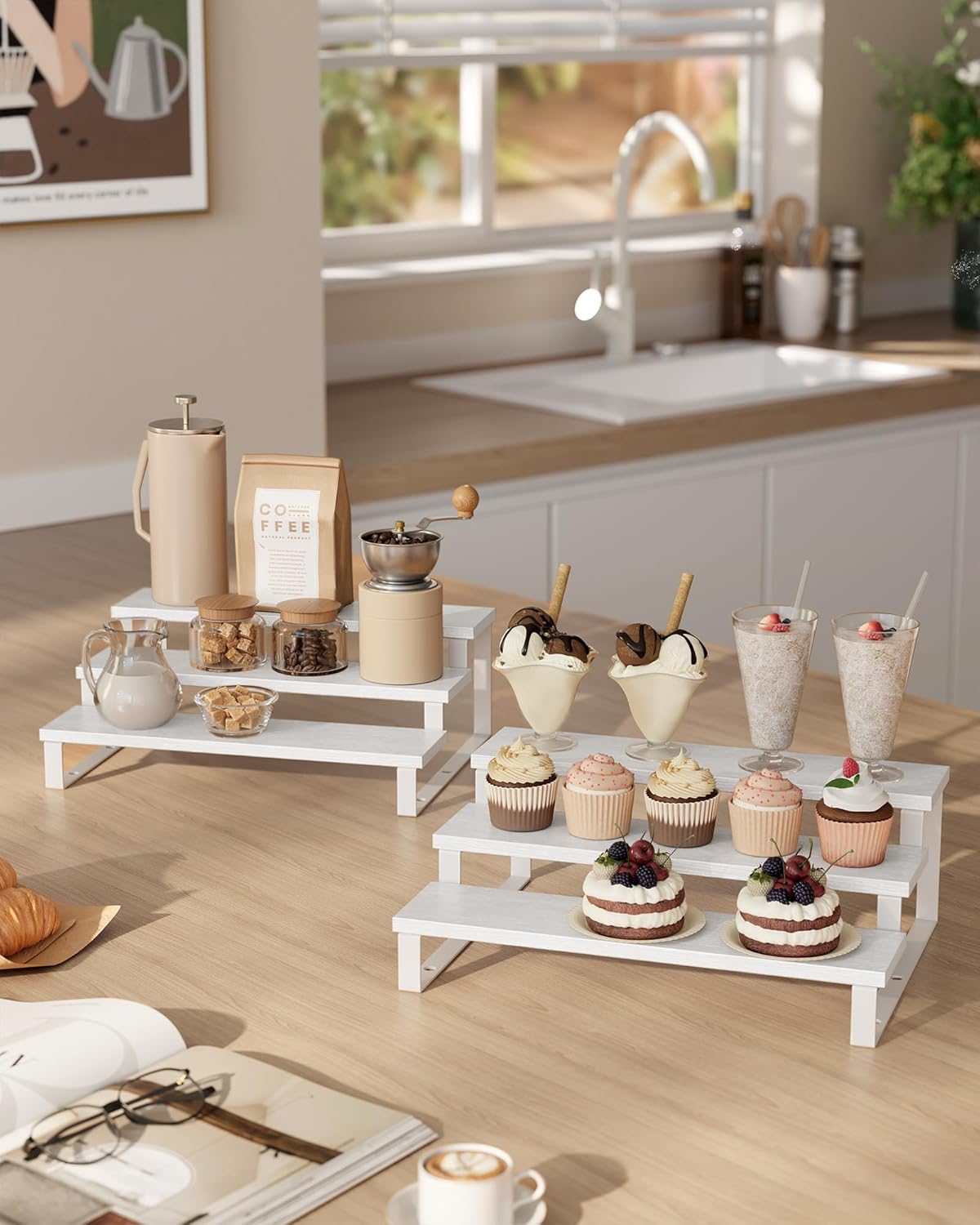 SONGMICS Display Risers, Set of 2 Engineered Wood Perfume Organizer Stand, 4-Tier Cupcake Stand Holder, Spice Rack, Shelf Risers for Figures, Dessert Shelves, Natural Beige and Cloud White UKCS216N02