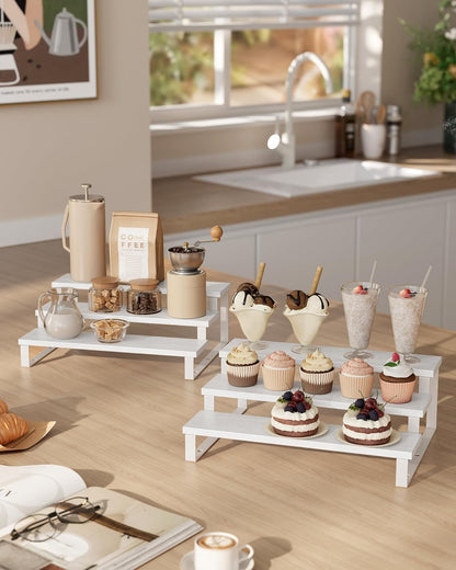 SONGMICS Display Risers, Set of 2 Engineered Wood Perfume Organizer Stand, 4-Tier Cupcake Stand Holder, Spice Rack, Shelf Risers for Figures, Dessert Shelves, Natural Beige and Cloud White UKCS216N02