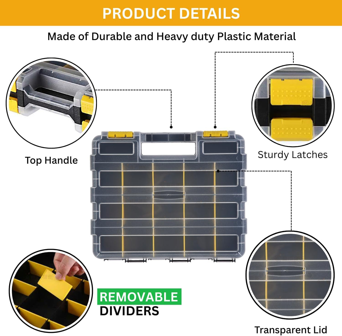 Andalus Tools Organizer Box, Small Parts Storage 34-Compartment Double-Sided Portable Hardware Organizer Removable Plastic Dividers for Screws, Nuts, Bolts, Nails – Orange (12.5" x 10.5" x 3")