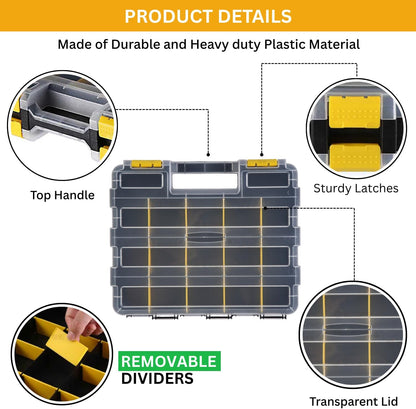Andalus Tools Organizer Box, Small Parts Storage 34-Compartment Double-Sided Portable Hardware Organizer Removable Plastic Dividers for Screws, Nuts, Bolts, Nails – Orange (12.5" x 10.5" x 3")
