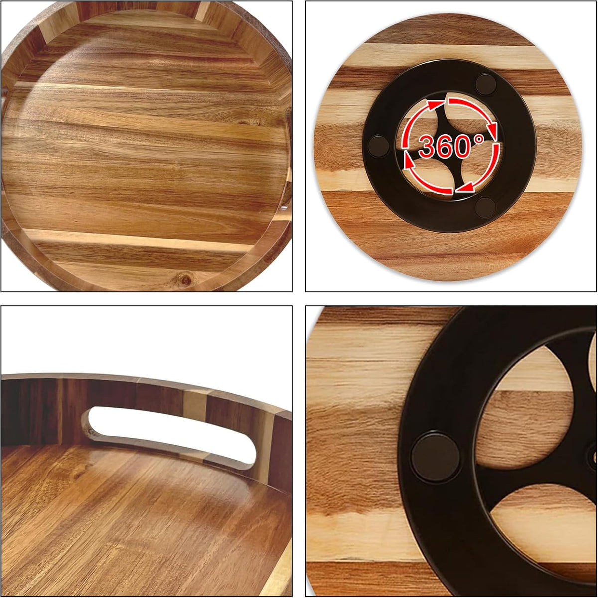 Acacia Wooden Lazy Susan for Table Top-12 Inch Wooden Lazy Susan Turntable with Double Handle-Large Acacia Wooden-Spice Organizer for Countertop, Table, Cabinet