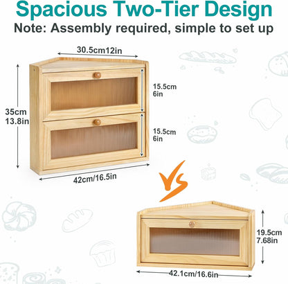 Sunhoo Bread Box for Kitchen Countertop Corner Large Wooden Bread Bin 2 Tier Rustic Food Storage Container with Acrylic Window Farmhouse Keeper Shelf Organizer for Loaves Pastries & Snacks (Brown)