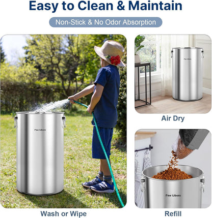 Paw Libero 35 Lbs Stainless Steel Dog Food Storage Container with Airtight Wooden Lid & Ceramic Bone Handle, Large Metal Dog Food Bin, Pet Treat Jars for Dogs & Cats, Keep Fresh, Easy to Clean