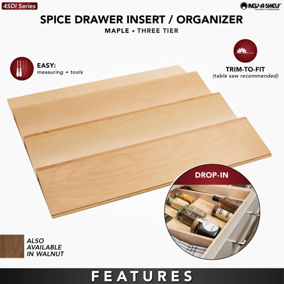 Rev-A-Shelf 36" 3 Tiered Seasoning Organizer, Trim-to-Custom-Fit Wooden Kitchen Draw and Cabinet Home Storage Insert, Pull Out Spice Rack, Maple, 4SDI-36-1