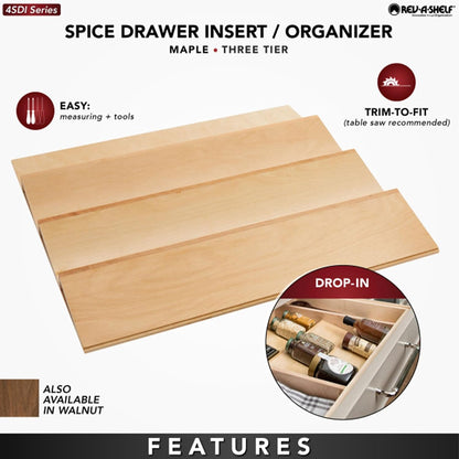 Rev-A-Shelf 36" 3 Tiered Seasoning Organizer, Trim-to-Custom-Fit Wooden Kitchen Draw and Cabinet Home Storage Insert, Pull Out Spice Rack, Maple, 4SDI-36-1