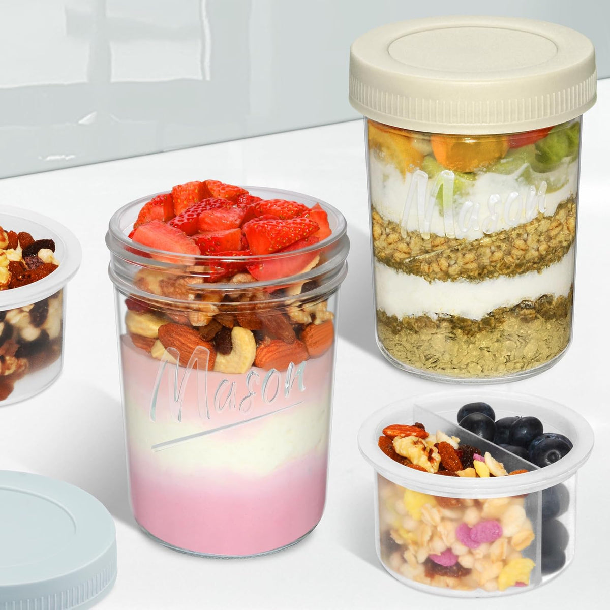 Xyptorix 16 oz Overnight Oats Containers with Lids, Leak-Proof Wide Mouth Mason Jars & Separate Compartments for Fruits/Nuts, Airtight Glass Jars for Chia Pudding, Yogurt, Parfait and Salad