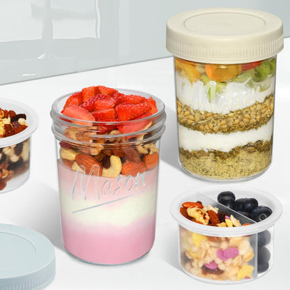 Xyptorix 16 oz Overnight Oats Containers with Lids, Leak-Proof Wide Mouth Mason Jars & Separate Compartments for Fruits/Nuts, Airtight Glass Jars for Chia Pudding, Yogurt, Parfait and Salad