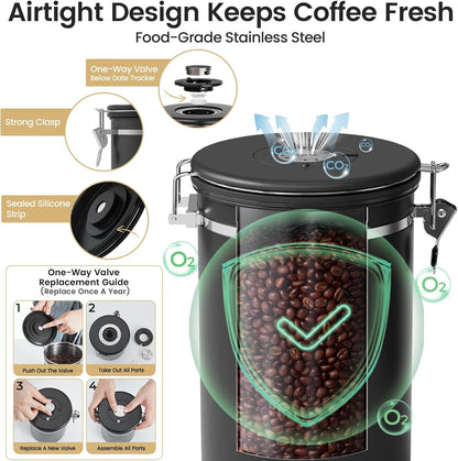 Veken Coffee Canister with Window, Family Choice Awards Winner, Airtight Stainless Steel Home Kitchen Food Storage Container with Lids for Grounds, Beans, Tea, Flour,Cereal,Sugar Jars,Scoop,16OZ,Black